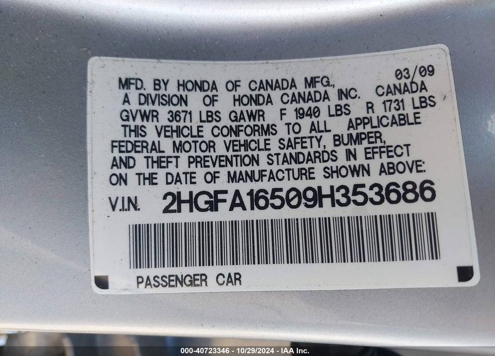 2009 HONDA CIVIC LX VIN: 2HGFA16509H353686