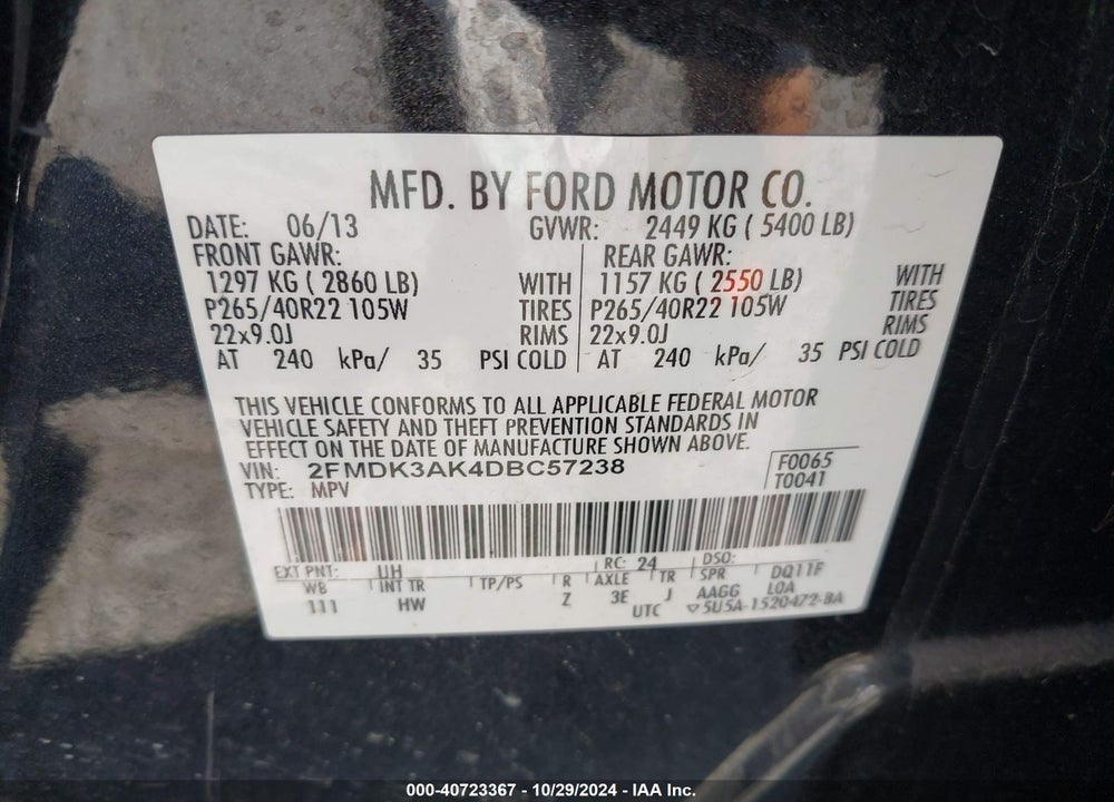 2013 FORD EDGE SPORT VIN: 2FMDK3AK4DBC57238