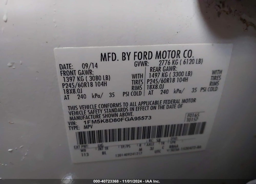 2015 FORD EXPLORER XLT VIN: 1FM5K8D80FGA95573