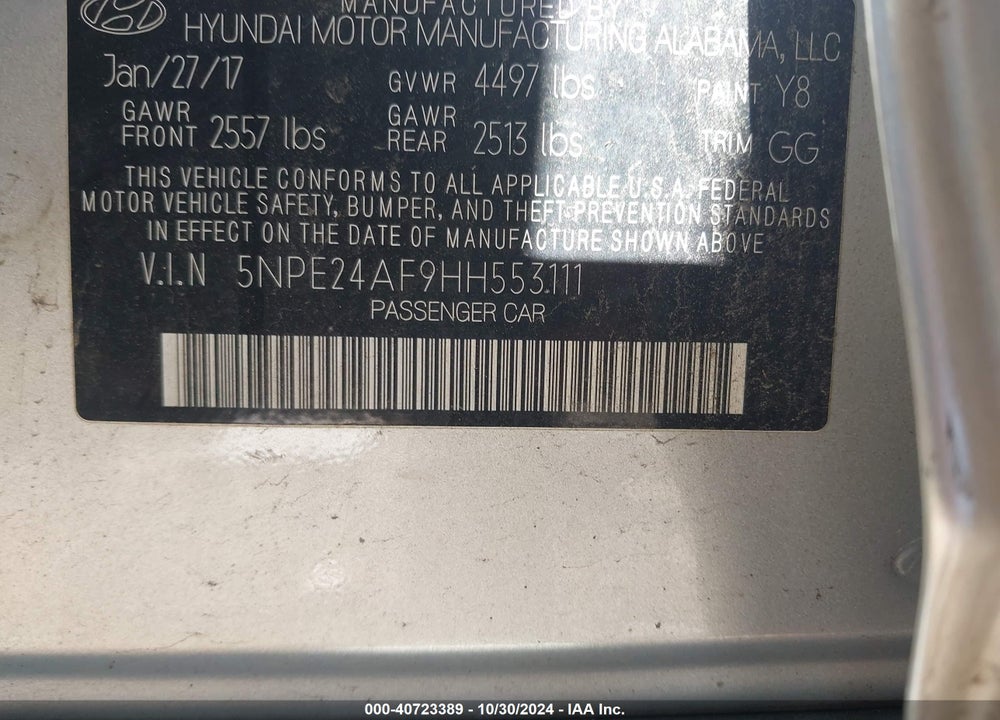 2017 HYUNDAI SONATA SE VIN: 5NPE24AF9HH553111