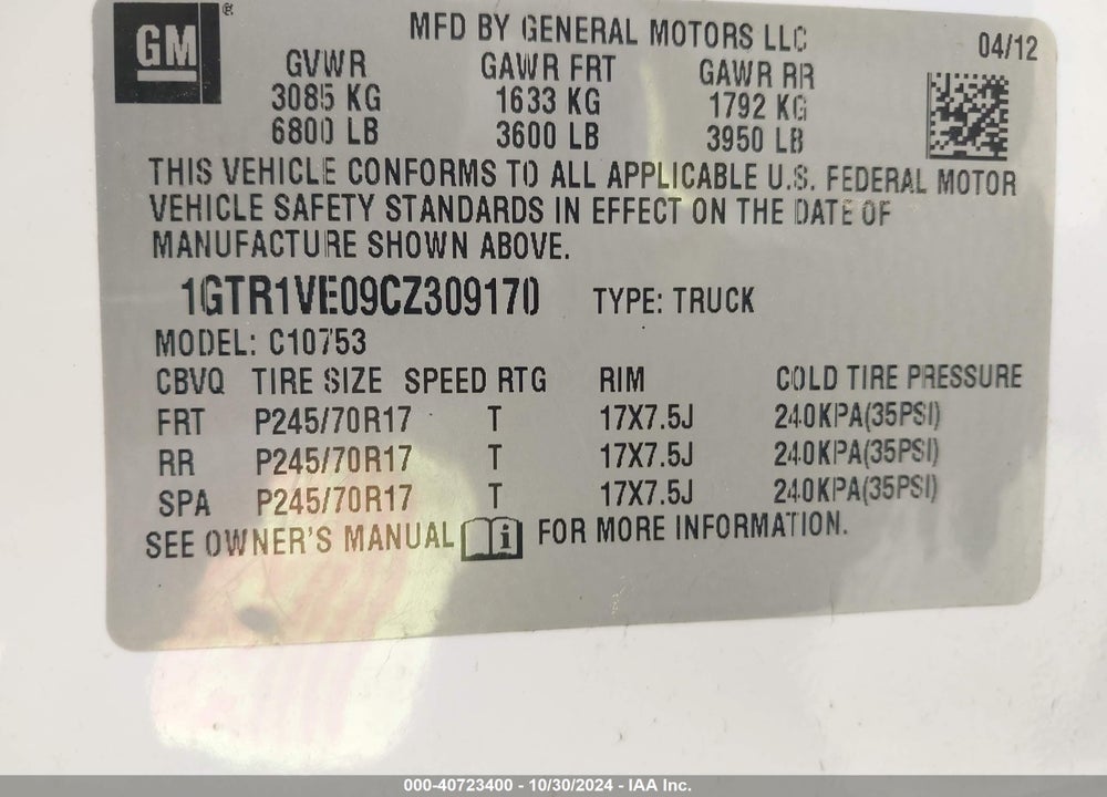 2012 GMC SIERRA 1500 SLE VIN: 1GTR1VE09CZ309170