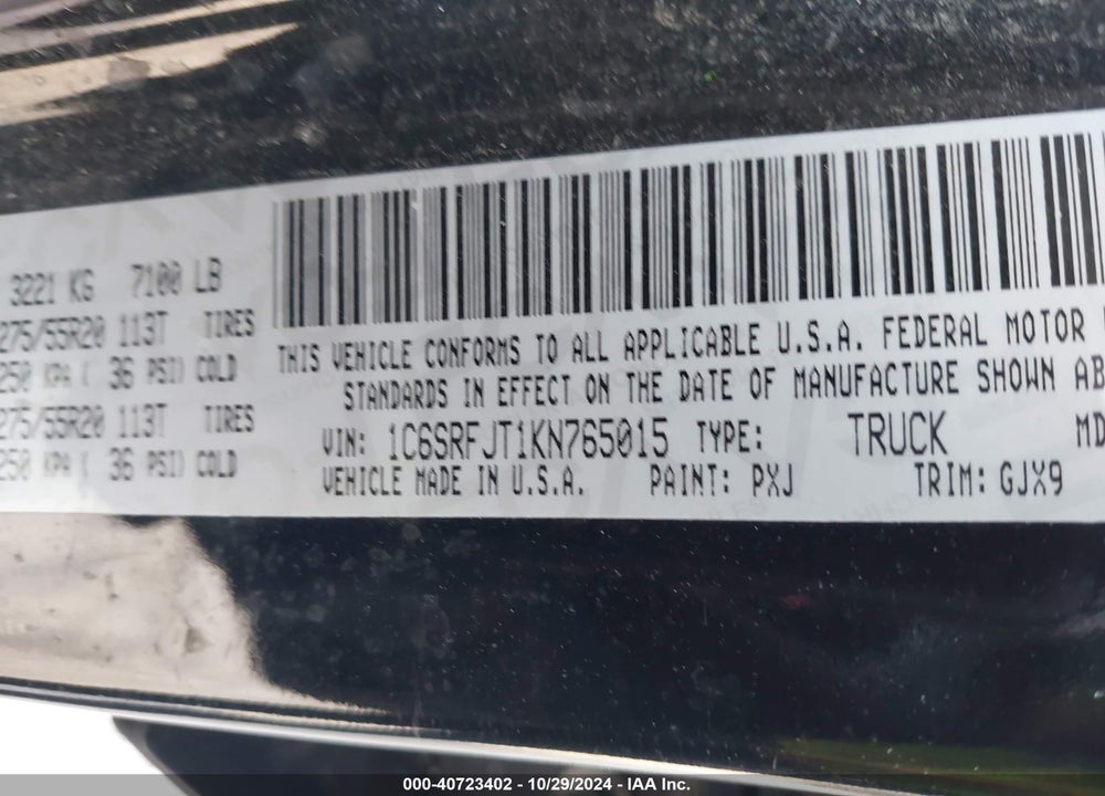 2019 RAM 1500 VIN: 1C6SRFJT1KN765015