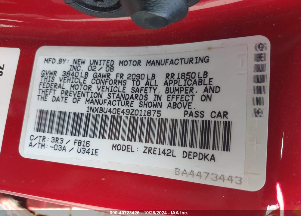 2009 TOYOTA COROLLA LE VIN: 1NXBU40E49Z011875