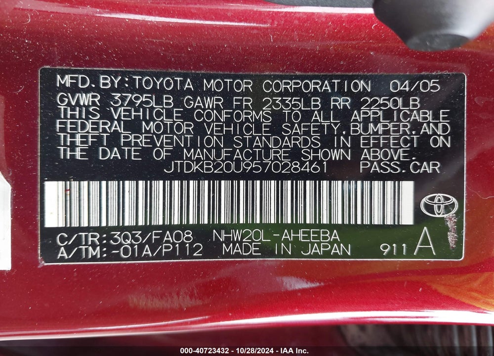 2005 TOYOTA PRIUS VIN: JTDKB20U957028461