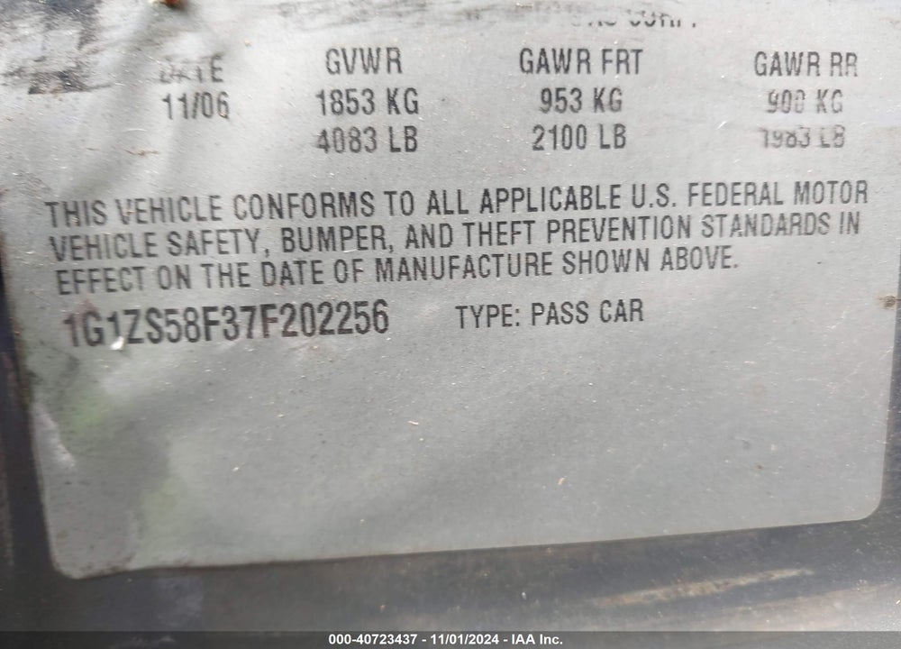 2007 CHEVROLET MALIBU LS VIN: 1G1ZS58F37F202256