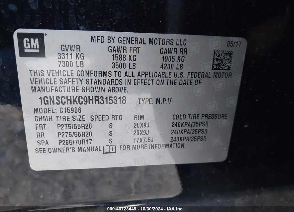 2017 CHEVROLET SUBURBAN VIN: 1GNSCHKC9HR315318