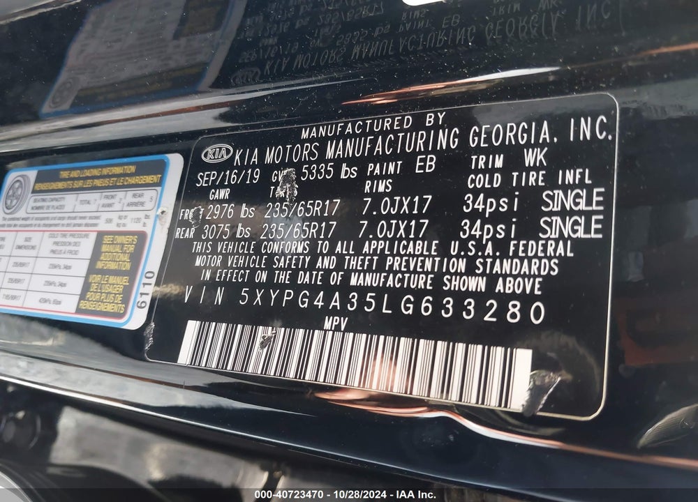2020 KIA SORENTO 2.4L L VIN: 5XYPG4A35LG633280