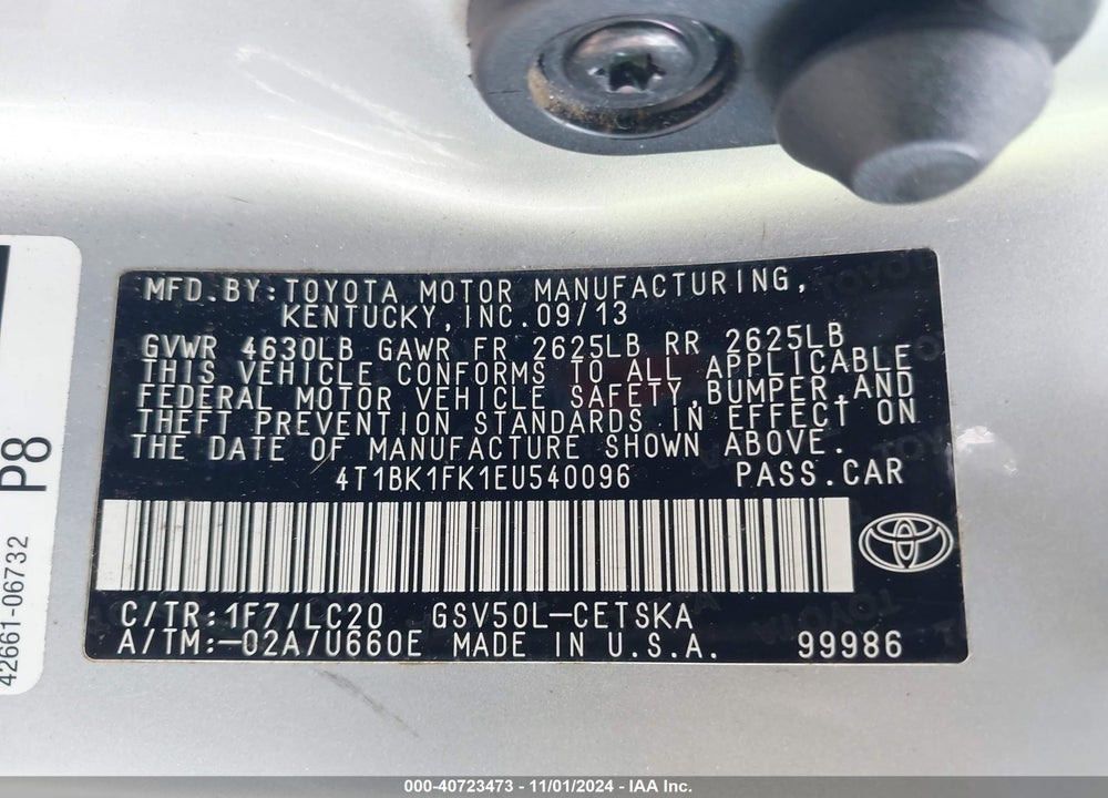 2014 TOYOTA CAMRY SE V6 VIN: 4T1BK1FK1EU540096