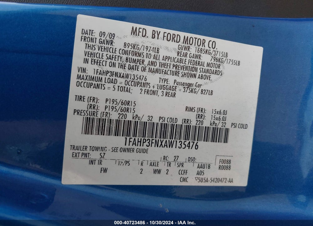 2010 FORD FOCUS SE VIN: 1FAHP3FNXAW135476