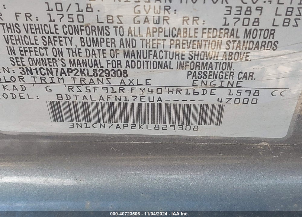 2019 NISSAN VERSA 1.6 S+ VIN: 3N1CN7AP2KL829308