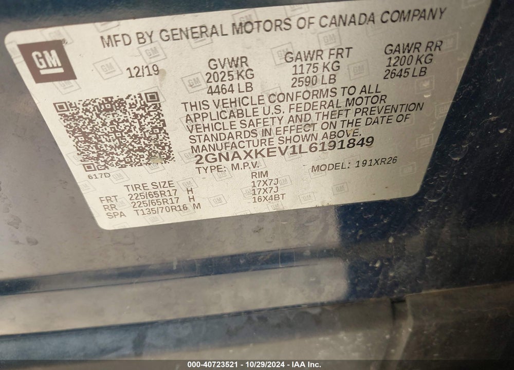2020 CHEVROLET EQUINOX FWD LT 1.5L TURBO VIN: 2GNAXKEV1L6191849