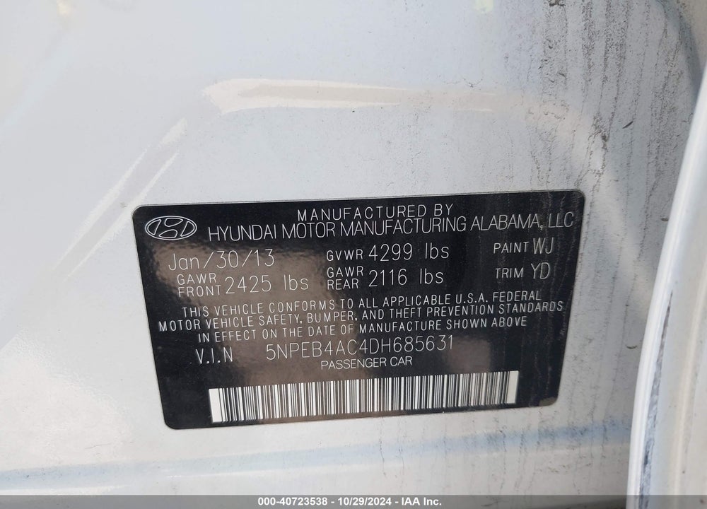 2013 HYUNDAI SONATA GLS VIN: 5NPEB4AC4DH685631