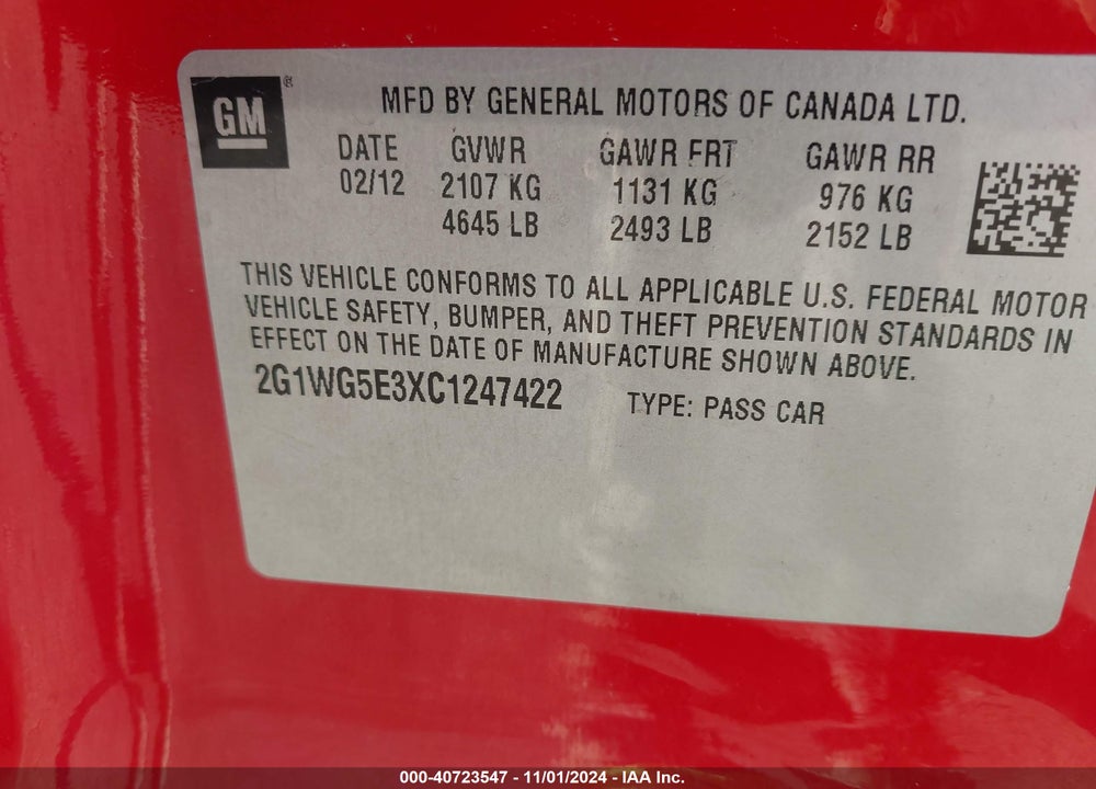 2012 CHEVROLET IMPALA LT VIN: 2G1WG5E3XC1247422