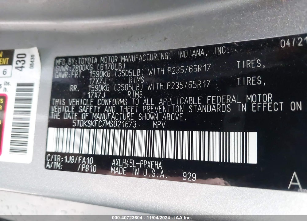 2021 TOYOTA SIENNA LE VIN: 5TDKSKFC7MS021673