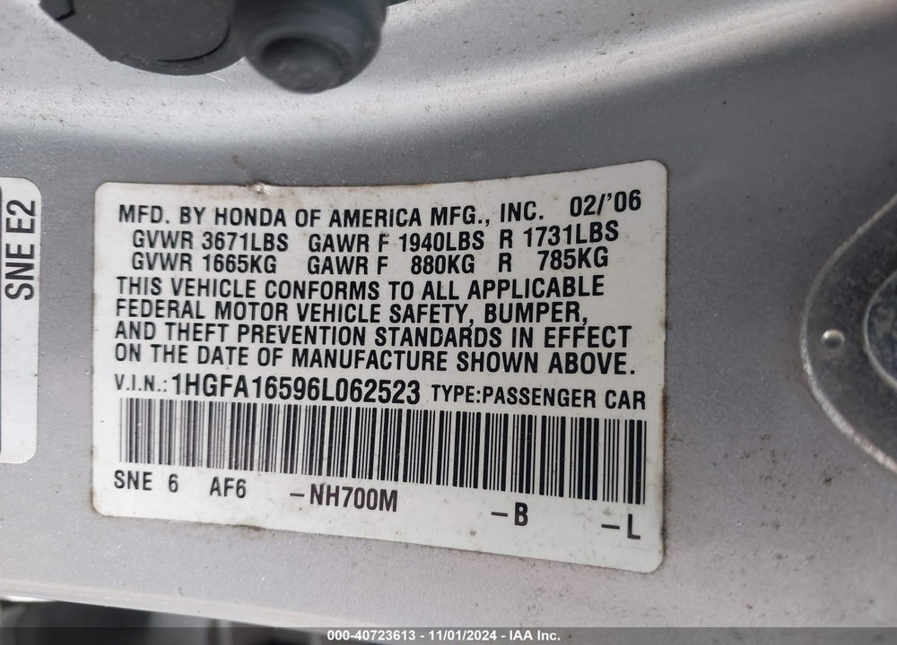 2006 HONDA CIVIC LX VIN: 1HGFA16596L062523