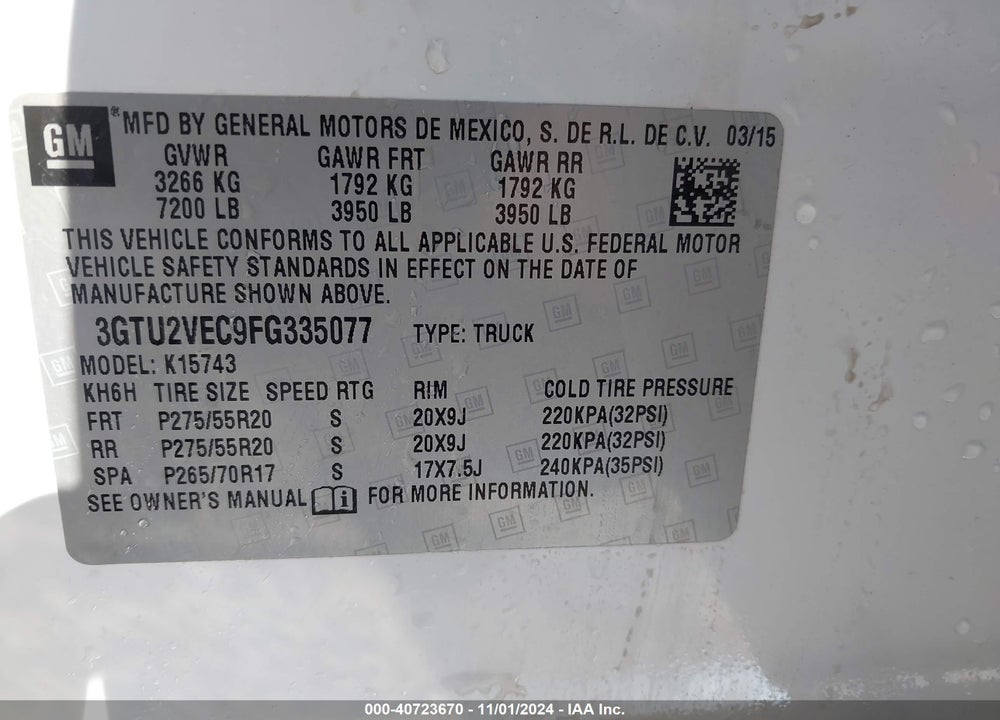 2015 GMC SIERRA 1500 SLT VIN: 3GTU2VEC9FG335077