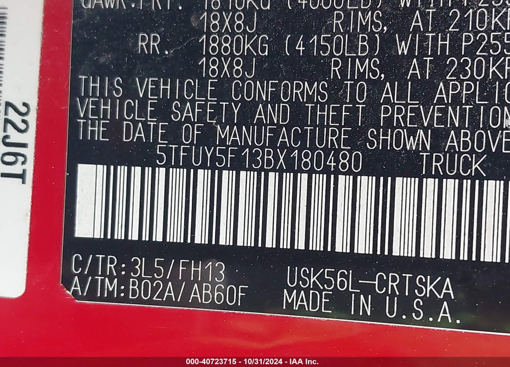 2011 TOYOTA TUNDRA GRADE 5.7L V8 VIN: 5TFUY5F13BX180480