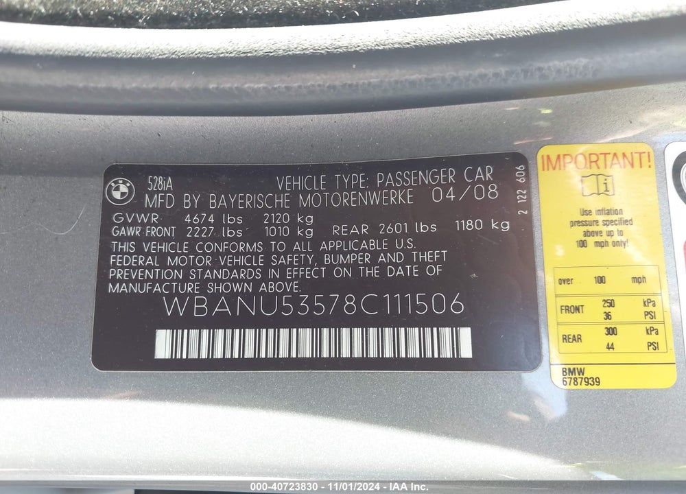 2008 BMW 528I VIN: WBANU53578C111506