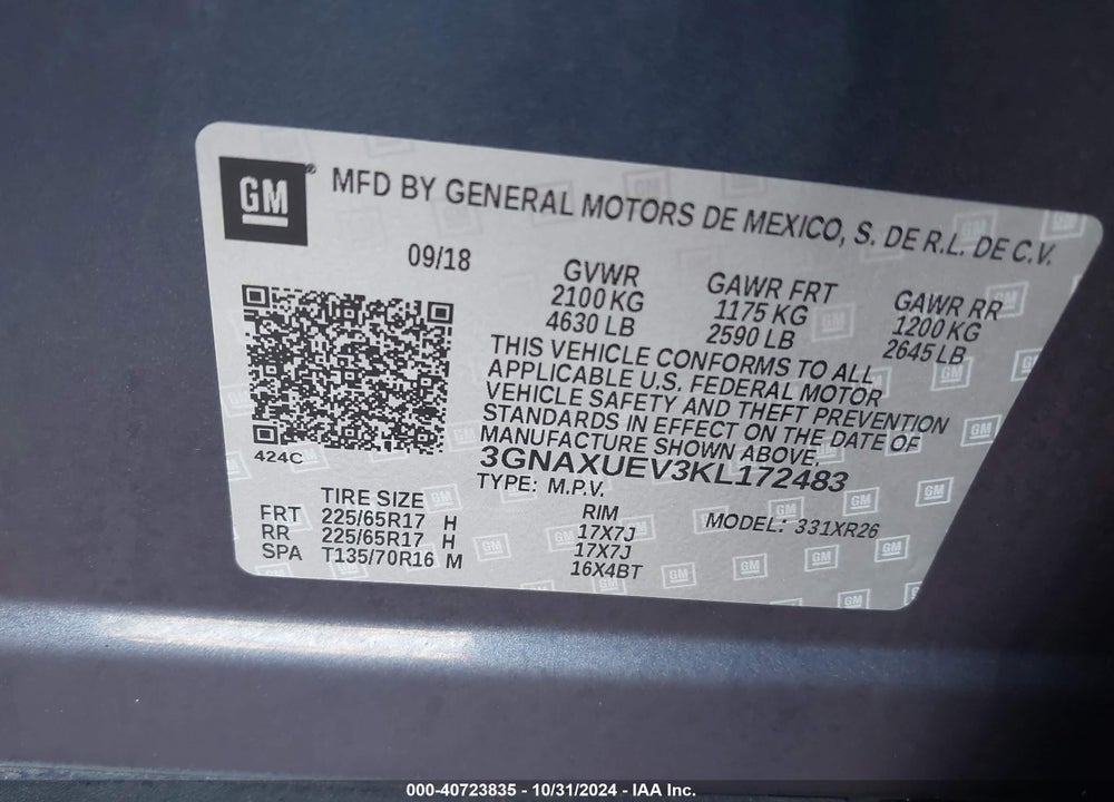 2019 CHEVROLET EQUINOX LT VIN: 3GNAXUEV3KL172483
