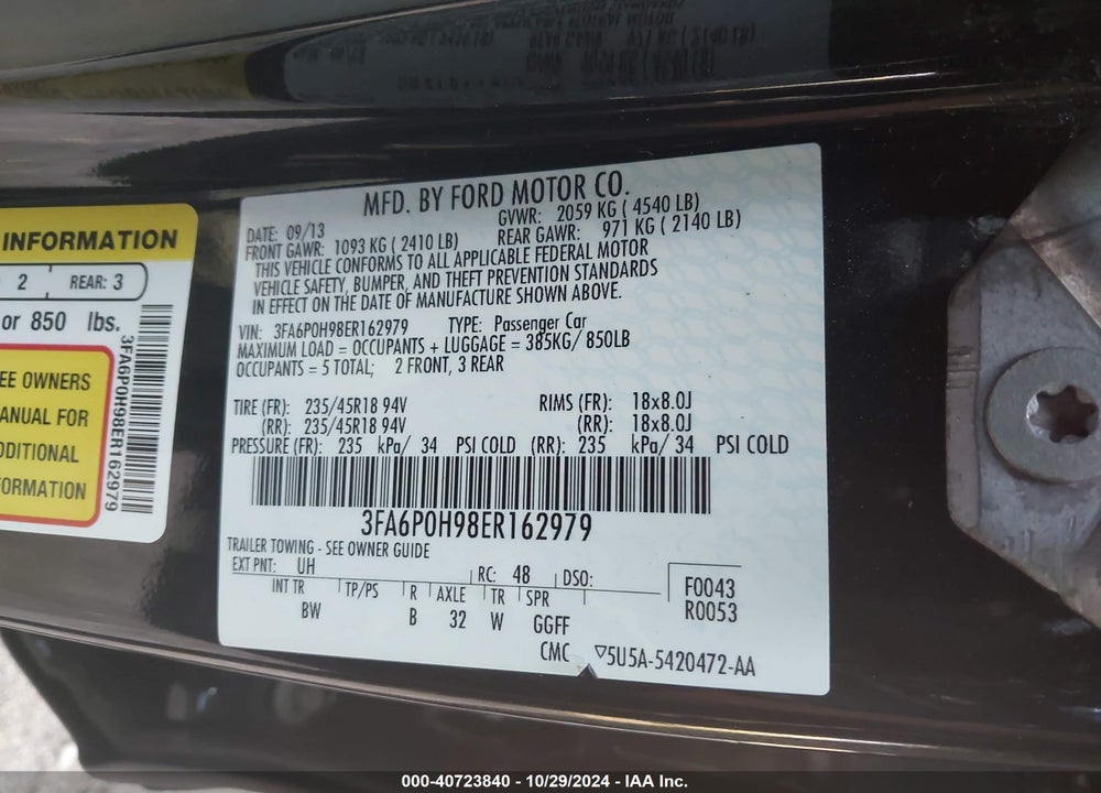 2014 FORD FUSION SE VIN: 3FA6P0H98ER162979