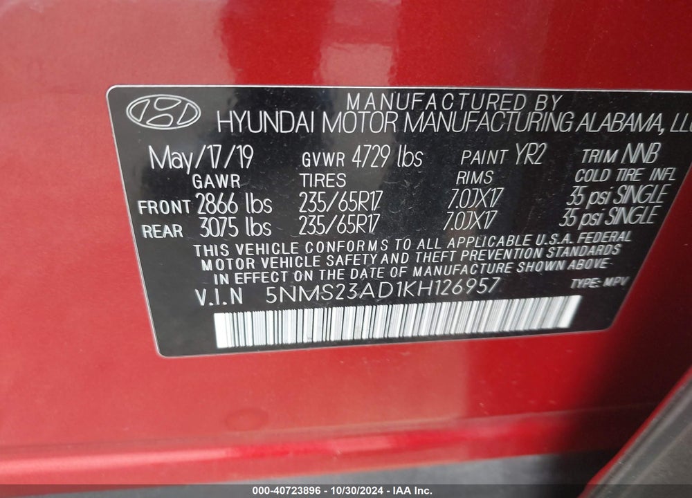 2019 HYUNDAI SANTA FE SE VIN: 5NMS23AD1KH126957