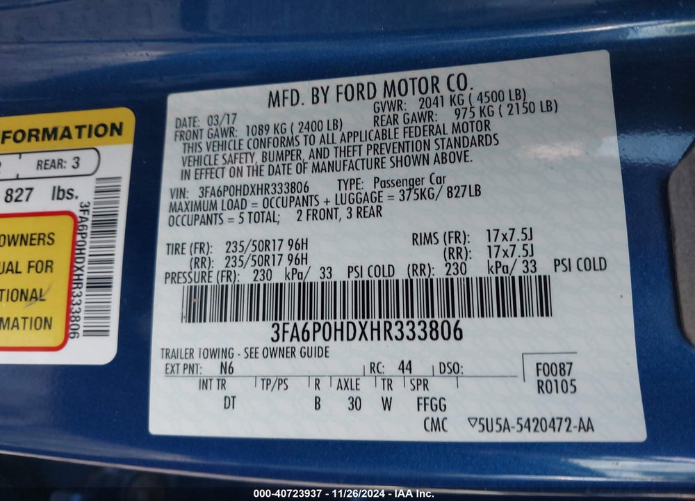 2017 FORD FUSION SE VIN: 3FA6P0HDXHR333806