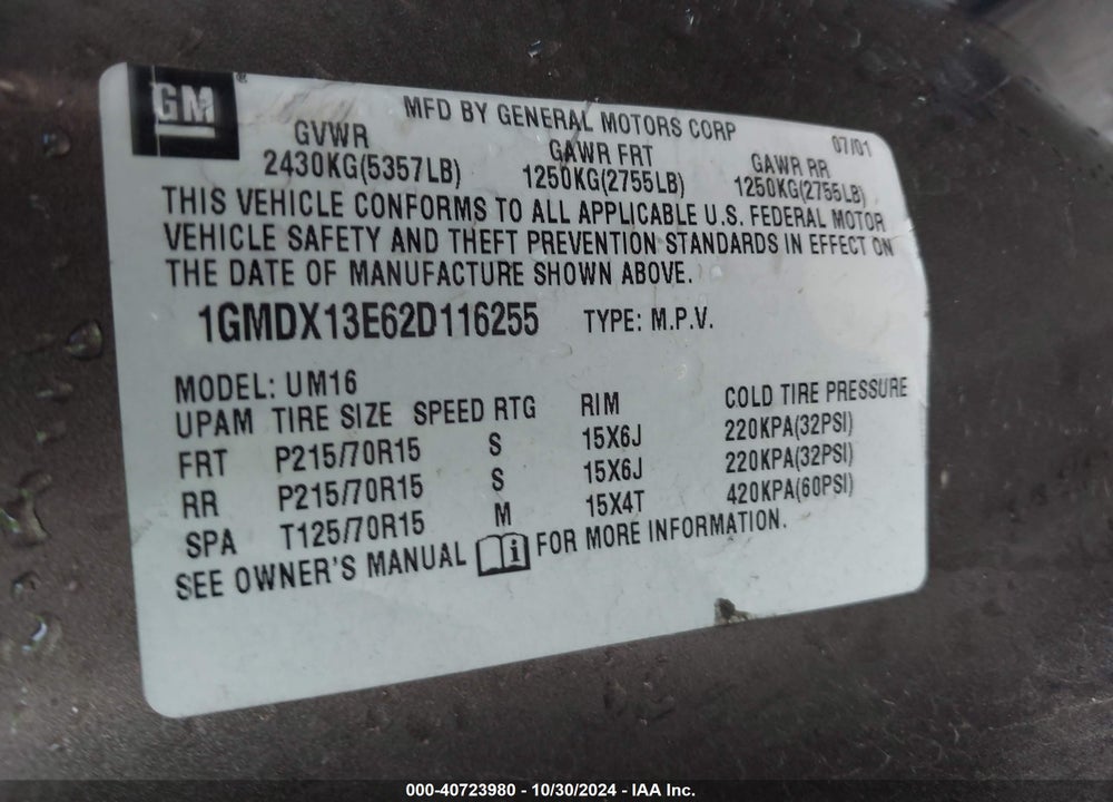 2002 PONTIAC MONTANA M16 W/1SE PKG. VIN: 1GMDX13E62D116255