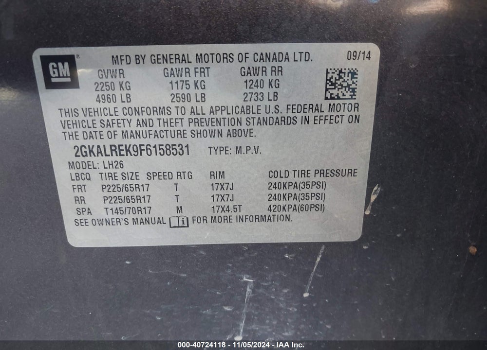 2015 GMC TERRAIN SLE-2 VIN: 2GKALREK9F6158531