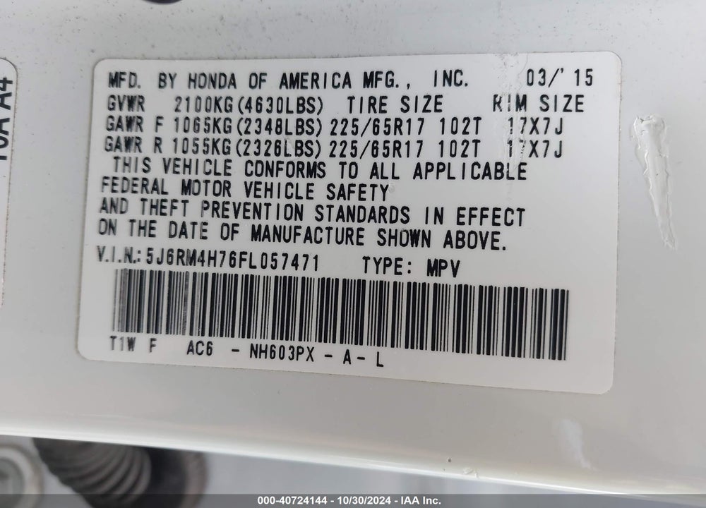 2015 HONDA CR-V EX-L VIN: 5J6RM4H76FL057471