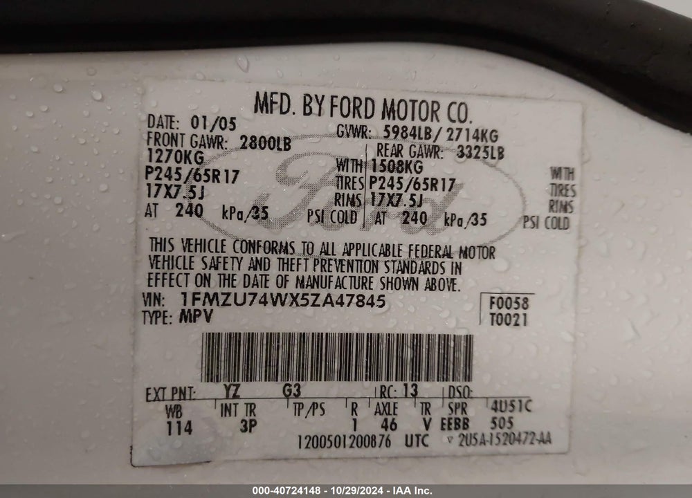2005 FORD EXPLORER EDDIE BAUER VIN: 1FMZU74WX5ZA47845