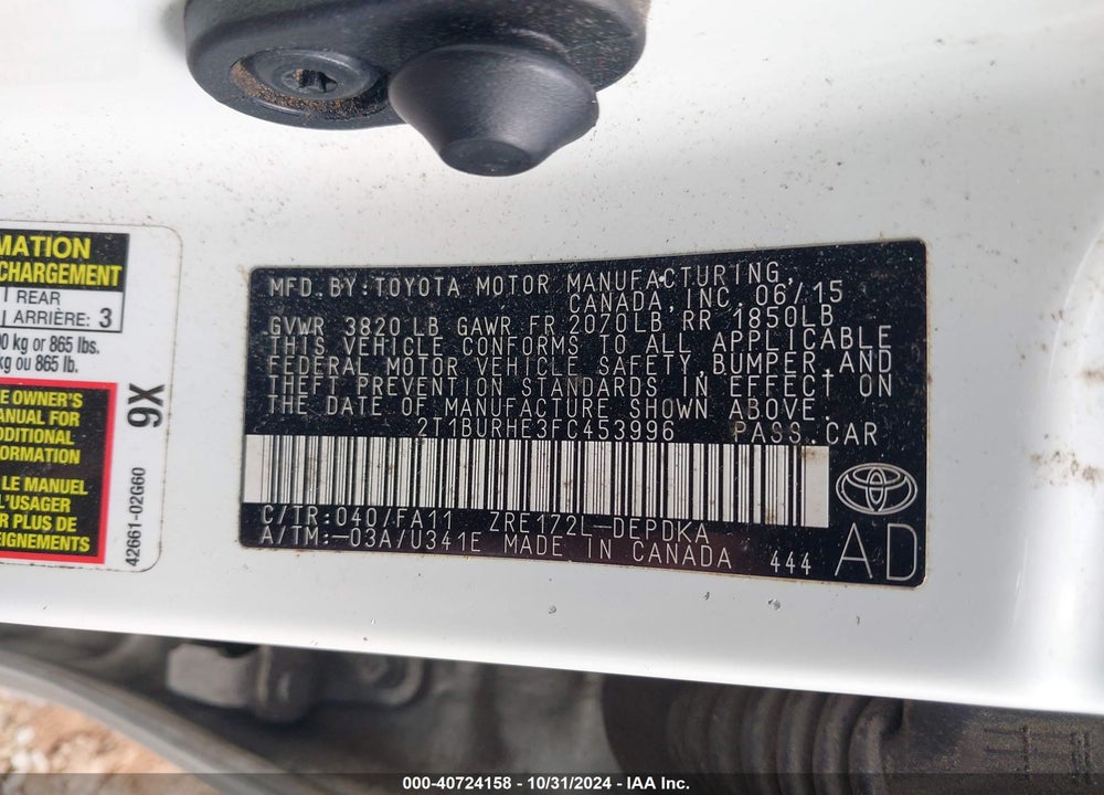 2015 TOYOTA COROLLA L VIN: 2T1BURHE3FC453996