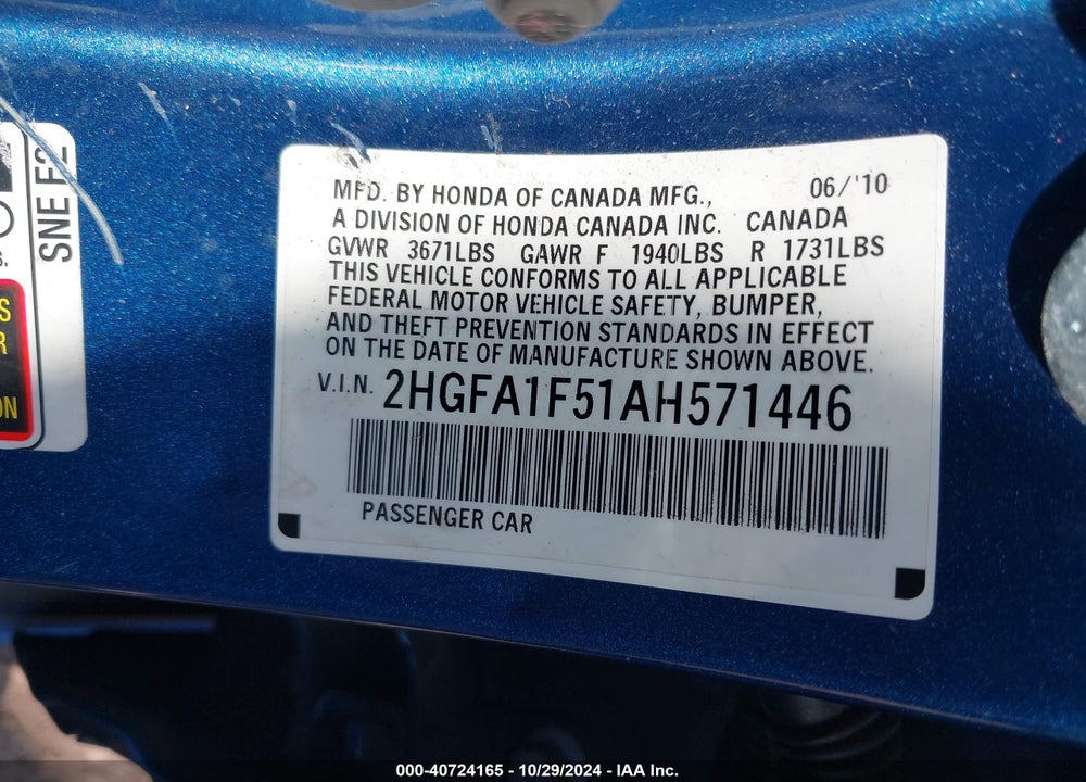 2010 HONDA CIVIC LX VIN: 2HGFA1F51AH571446
