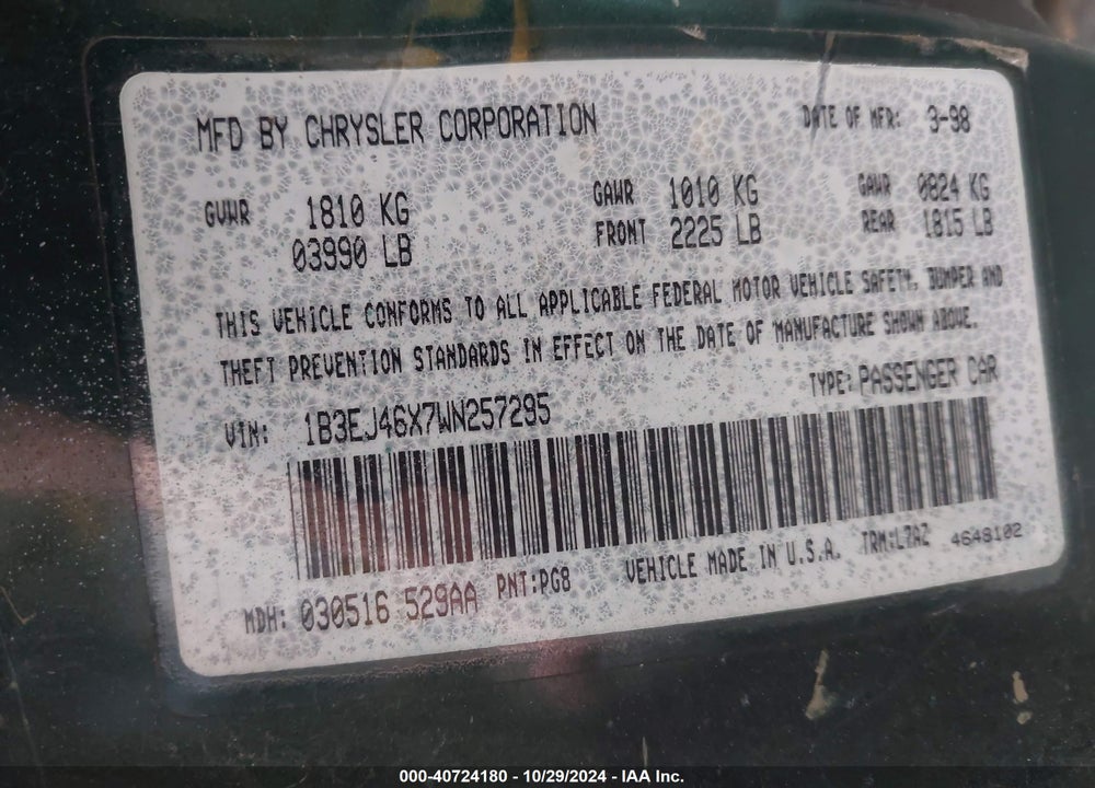 1998 DODGE STRATUS VIN: 1B3EJ46X7WN257295
