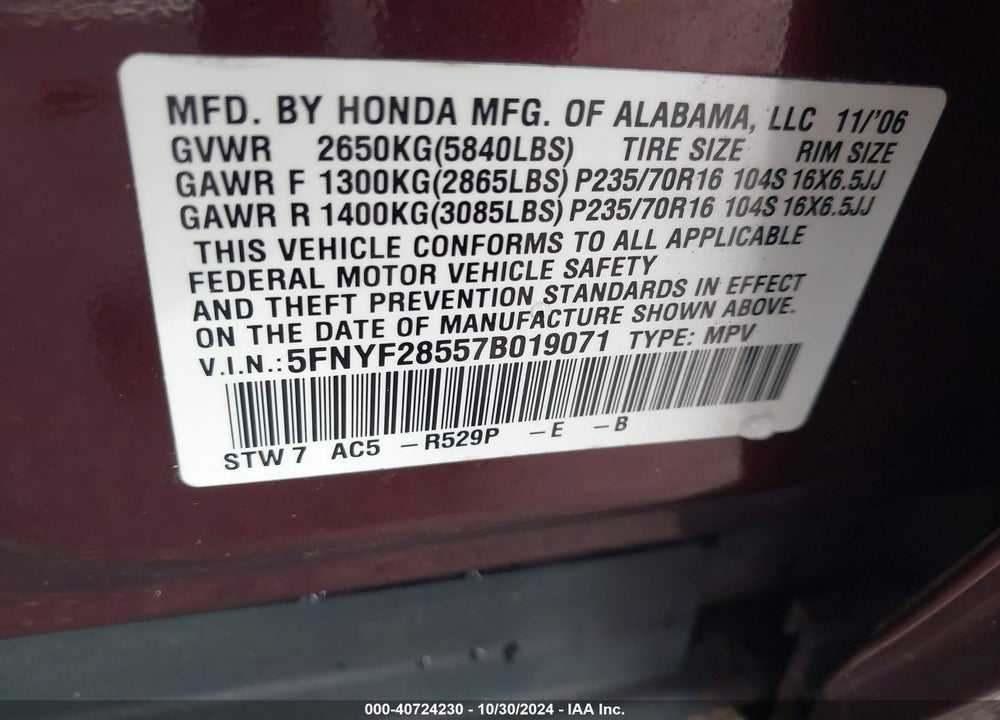 2007 HONDA PILOT EX-L VIN: 5FNYF28557B019071