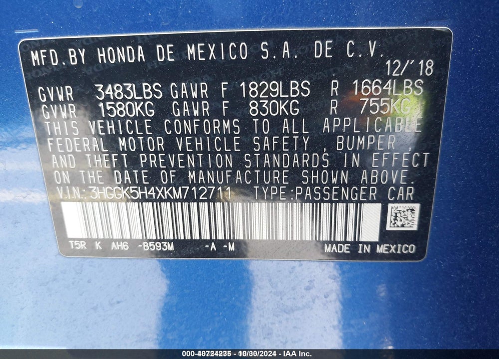 2019 HONDA FIT LX VIN: 3HGGK5H4XKM712711