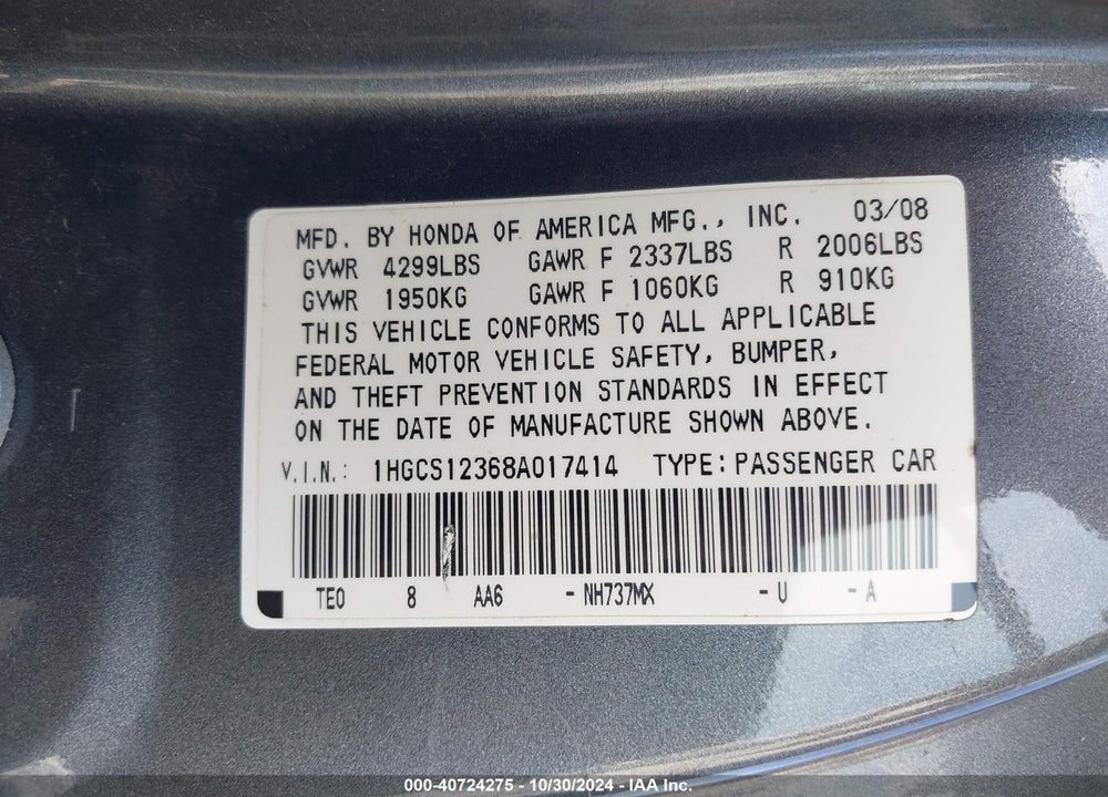 2008 HONDA ACCORD 2.4 LX-S VIN: 1HGCS12368A017414