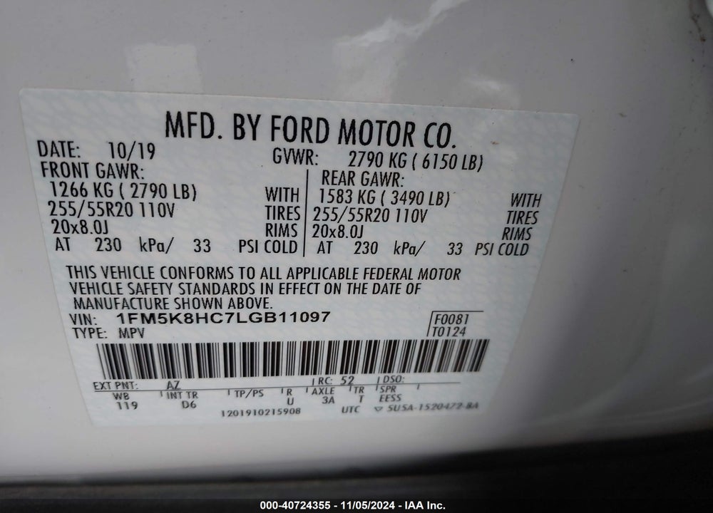 2020 FORD EXPLORER PLATINUM VIN: 1FM5K8HC7LGB11097