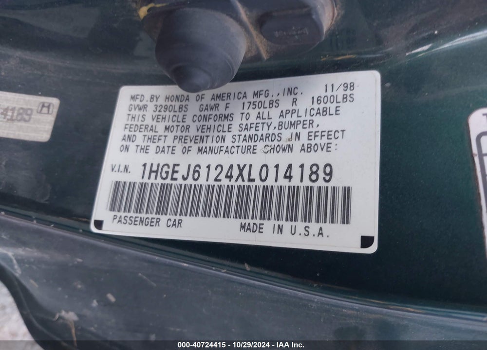 1999 HONDA CIVIC DX VIN: 1HGEJ6124XL014189