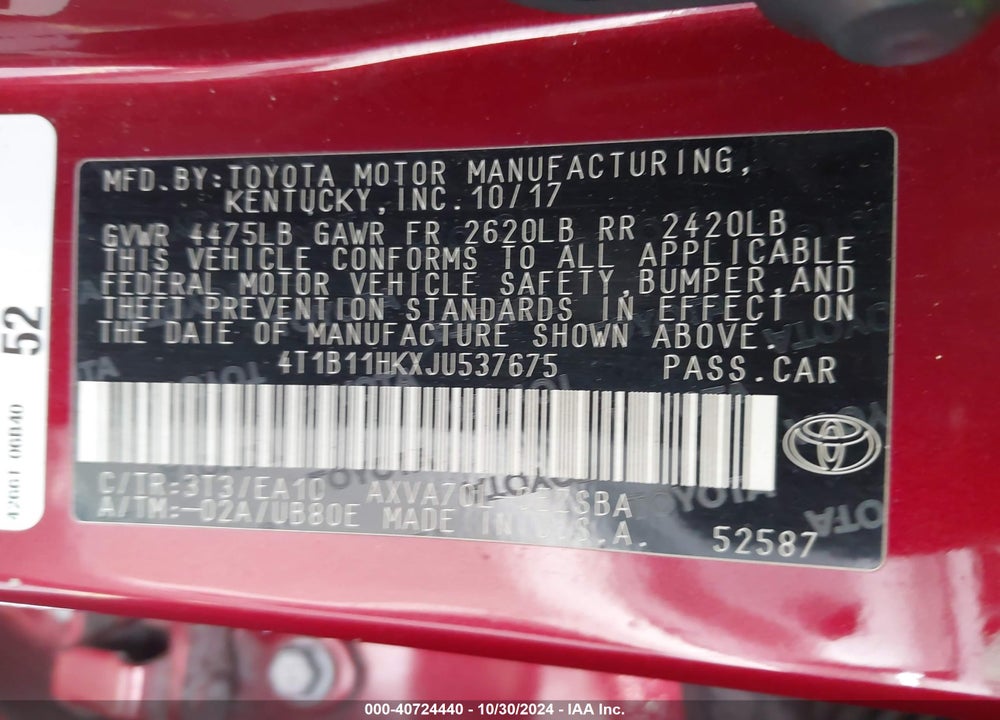 2018 TOYOTA CAMRY SE VIN: 4T1B11HKXJU537675