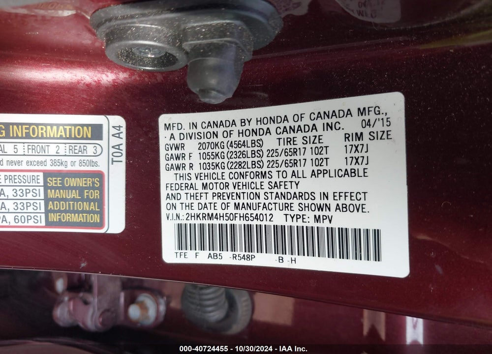 2015 HONDA CR-V EX VIN: 2HKRM4H50FH654012