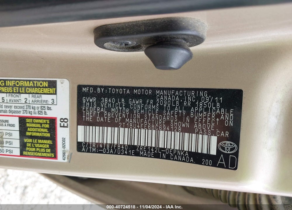 2011 TOYOTA COROLLA LE VIN: 2T1BU4EE6BC694128