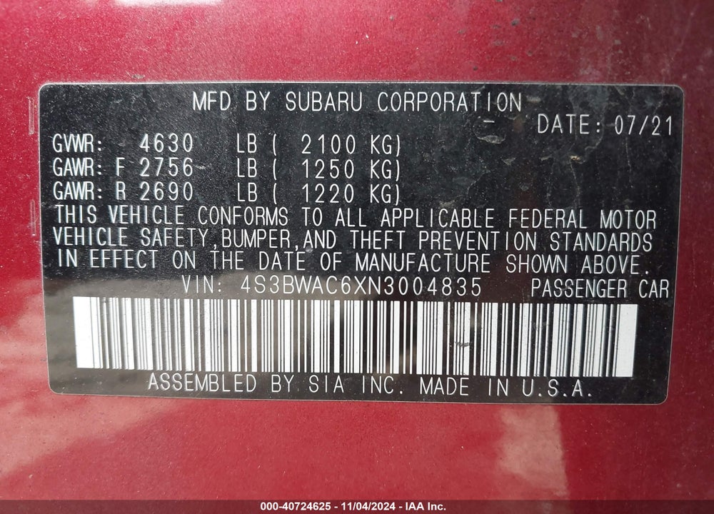 2022 SUBARU LEGACY PREMIUM VIN: 4S3BWAC6XN3004835