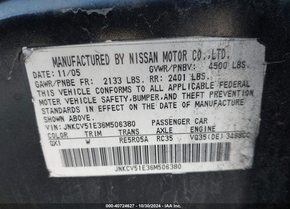 2006 INFINITI G35 VIN: JNKCV51E36M506380