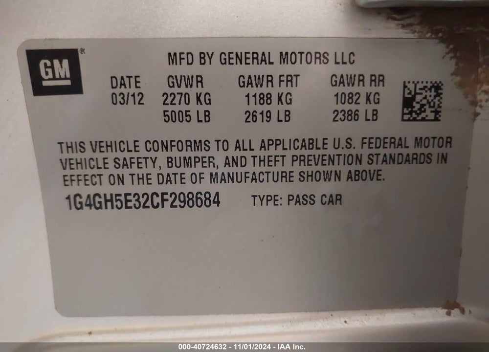 2012 BUICK LACROSSE PREMIUM 3 GROUP VIN: 1G4GH5E32CF298684