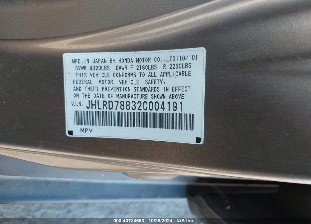 2002 HONDA CR-V EX VIN: JHLRD78832C004191