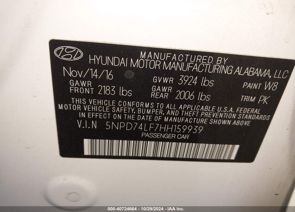2017 HYUNDAI ELANTRA SE VIN: 5NPD74LF7HH159939