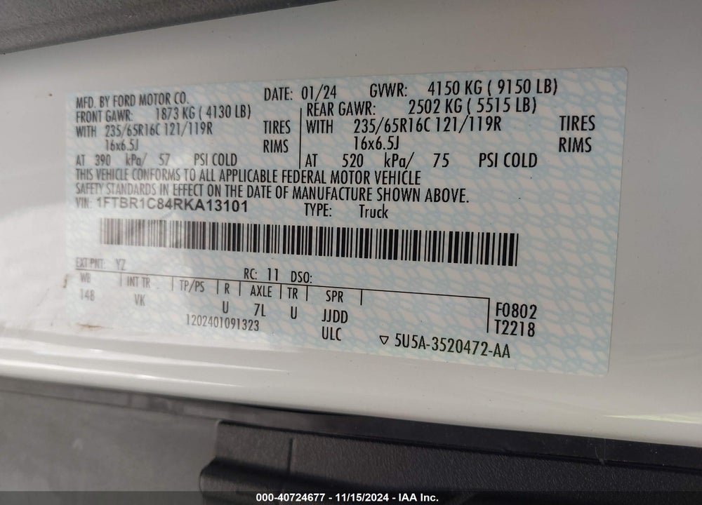 2024 FORD TRANSIT-250 CARGO VAN VIN: 1FTBR1C84RKA13101