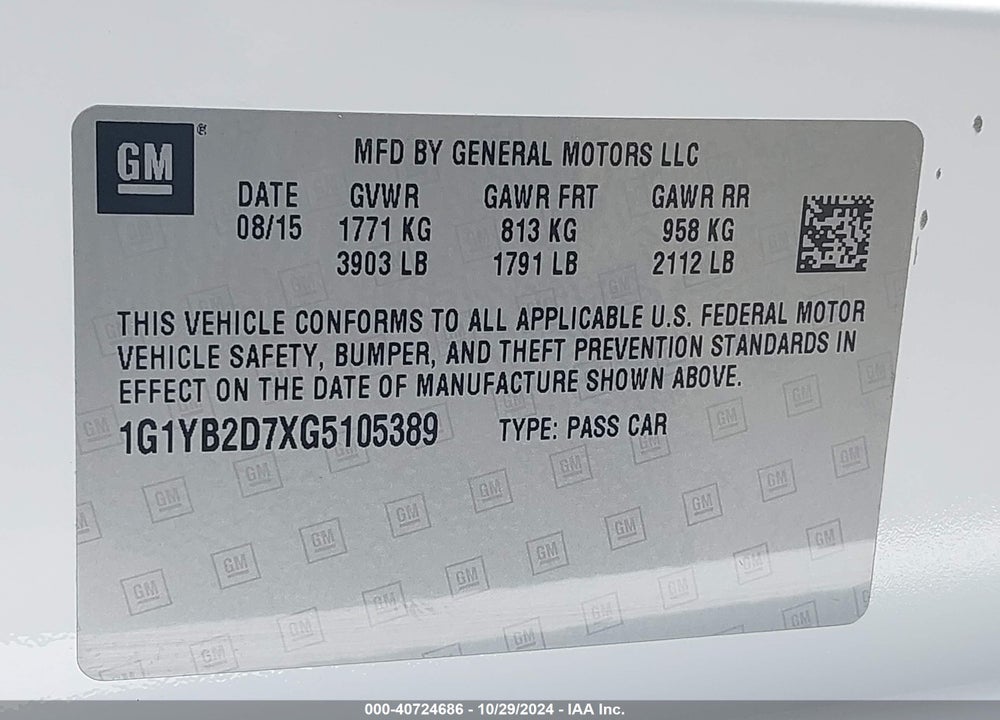 2016 CHEVROLET CORVETTE STINGRAY VIN: 1G1YB2D7XG5105389