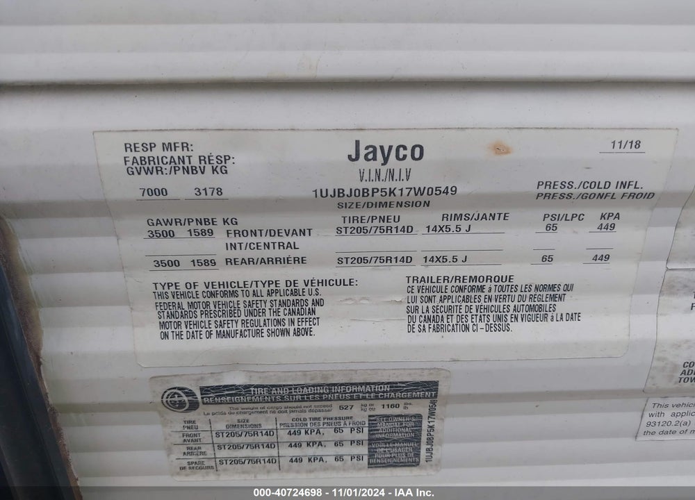 2019 JAYCO OTHER VIN: 1UJBJ0BP5K17W0549