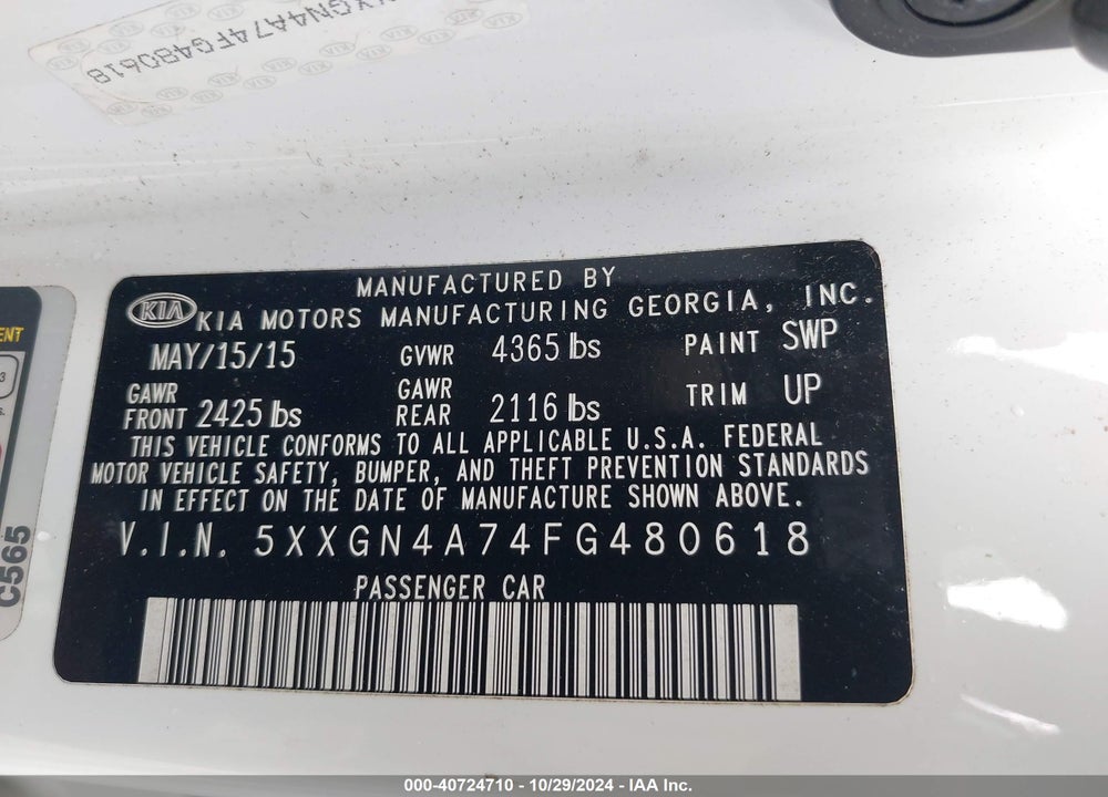 2015 KIA OPTIMA EX VIN: 5XXGN4A74FG480618